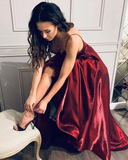 Chic A-line Spaghetti Straps Burgundy Cheap Long Prom Dresses Evening Dress GKS213|Selinadress