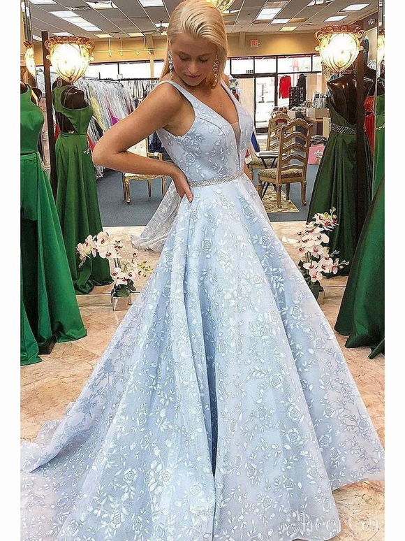 Chic A-line V neck Long Prom Dresses Lace Blue Evening Dress KPS25239|Selinadress