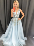 Chic A-line V neck Long Blue Lace Prom Dresses Evening Dress KPS25240|Selinadress