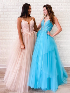 Chic A-line Spaghetti Straps Lace Long Prom Dresses Tulle Evening Dress KPS25246|Selinadress