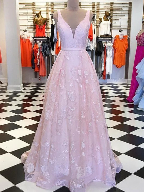 Chic A-line V neck Pink Long Prom Dresses Lace Evening Dress KPS25247|Selinadress