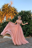 Chic A-line V neck Pink Long Prom Dresses Beading Evening Dress KPS25249|Selinadress