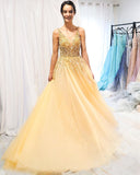 A-line V neck Yellow Sparkly Long Prom Dresses Gorgeous Formal Dresses SED441|Selinadress