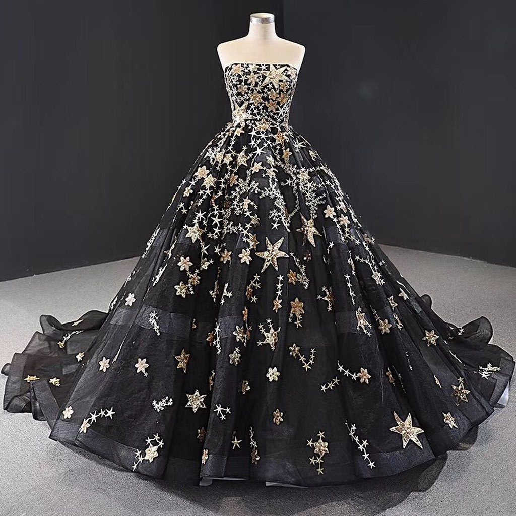 Black Strapless Ball Gowns Sparkly Long Prom Dresses Stunning