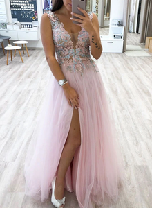 A-line Pink V neck Lace Long Prom Dresses Beautiful Evening Dresses SED289