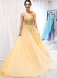 Gold V neck Tulle Beads Long Prom Dress Evening Dress SED291