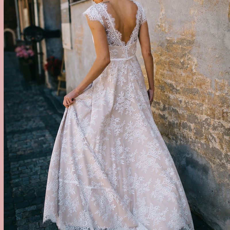 A Line Cap Sleeve Vintage Champagne Lace Bohemian Wedding Dress Sexy B SELINADRESS A Line Cap Sleeve Vintage Champagne Lace Bohemian Wedding Dress Sexy B SELINADRESS
