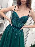 Chic Spaghetti Straps Dark Green Beaded Long Prom Dress Evening Dress SED288