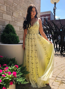 Chic Spaghetti Strap Yellow Beautiful Princess Long Prom Dress Evening Dress SED275