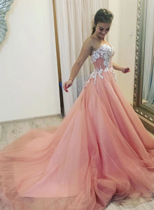 Chic Pink Sweetheart Lace Long Prom Dress Cheap Evening Dresses SED280
