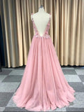 Chic Pink Spaghetti Straps Lace Long Prom Dress Beaded Evening Dresses SED271