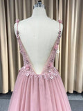 Chic Pink Spaghetti Straps Lace Long Prom Dress Beaded Evening Dresses SED271