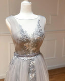 Dusty Blue Bateau Long Prom Dresses Embroidery Evening Dress Formal Gowns SED272