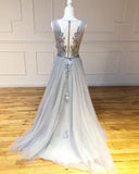 Dusty Blue Bateau Long Prom Dresses Embroidery Evening Dress Formal Gowns SED272