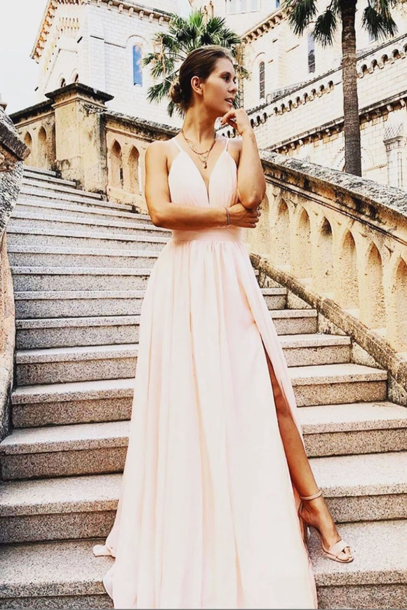 A-line Spaghetti Straps Pink Chiffon Long Prom Dresses Formal Gowns SED357