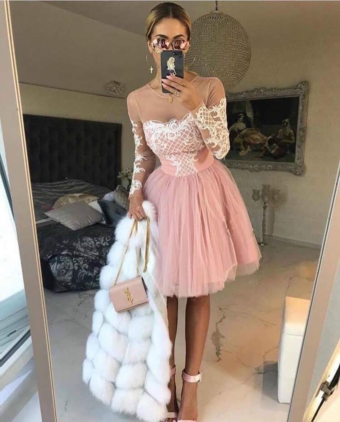 A-line Scoop Pink Lace Short Prom Dress Long Sleeve Homecoming Dress MHL086 A-line Scoop Pink Lace Short Prom Dress Long Sleeve Homecoming Dress MHL086