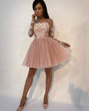 A-line Scoop Pink Lace Short Prom Dress Long Sleeve Homecoming Dress MHL086