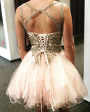 A-line Pink Short Lace Prom Dress Cute Beaded Homecoming Dress MHL090
