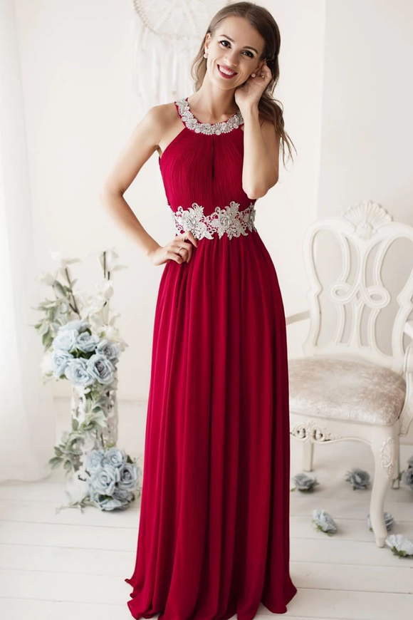 Simple Red Lace Long Prom Dresses Chiffon Evening Gowns SED362