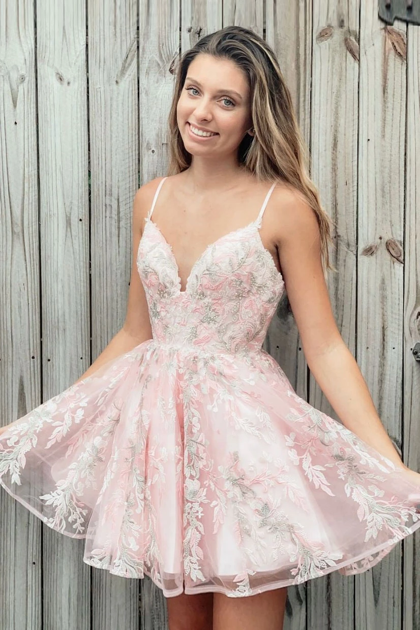 Pink Spaghetti Straps Lace Short Prom Dresses Homecoming Dresses MHL11 SELINADRESS Pink Spaghetti Straps Lace Short Prom Dresses Homecoming Dresses MHL11 SELINADRESS