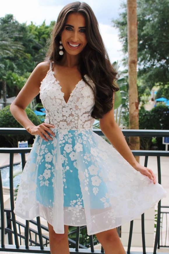 Blue Spaghetti Straps Applique Short Prom Dresses Homecoming Dresses MHL115