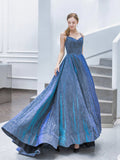 A-line Spaghetti Straps Blue Sparkly Long Prom Dresses Evening Gowns SED363
