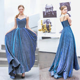A-line Spaghetti Straps Blue Sparkly Long Prom Dresses Evening Gowns SED363