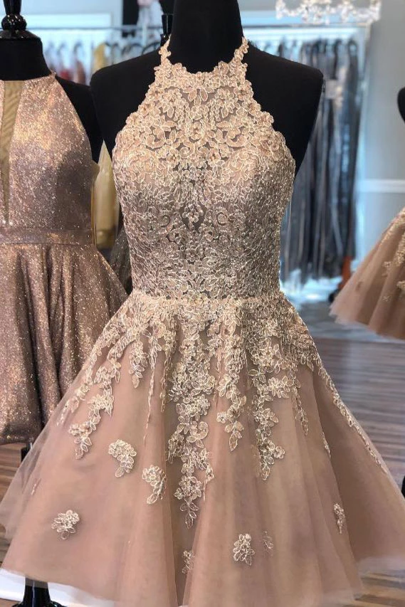 A-line Spaghetti Straps Lace Short Prom Dress Homecoming Dress MHL096