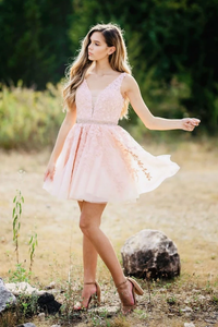 A-line V neck Pink Applique Short Prom Dress Homecoming Dress MHL097