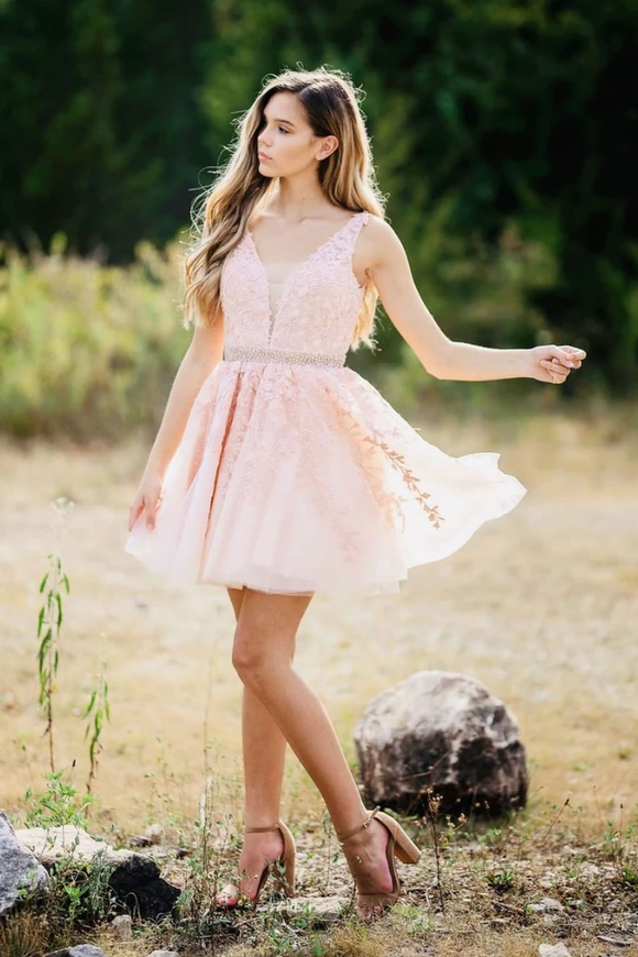 A-line V neck Pink Applique Short Prom Dress Homecoming Dress MHL097