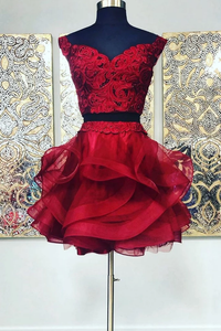 Two Pieces Red Applique Short Prom Dress Homecoming Dress MHL098
