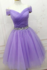 A-line Cap Sleeve Beaded Short Prom Dress Lilac Homecoming Dress MHL100