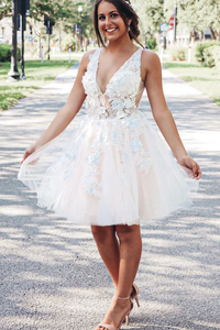A-line V neck Lace Applique Short Prom Dress Homecoming Dress MHL101