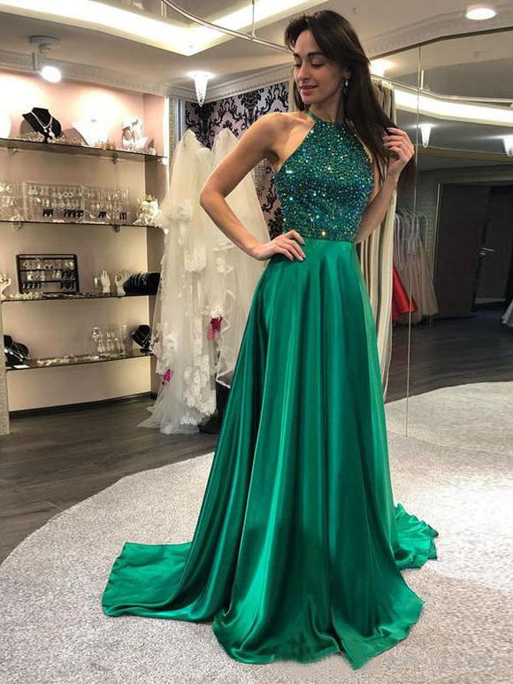 A-line Scoop Beaded Hunter Long Prom Dresses Evening Gowns SED368