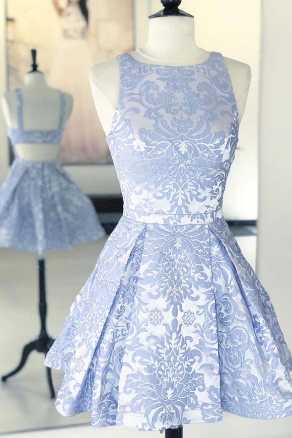 A-line Scoop Blue Short Prom Dress Print Homecoming Dress MHL104