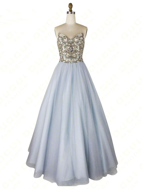 A-line Strapless Beaded Long Prom Dresses Unique Formal Gowns SED371