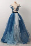 A-line Cap Sleeve Long Prom Dresses Flower Evening Dresses SED437|Selinadress