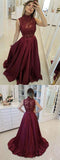 A-line High Neck Burgundy Long Prom Dresses Satin Evening Dresses SED438|Selinadress