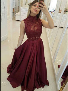 A-line High Neck Burgundy Long Prom Dresses Satin Evening Dresses SED438|Selinadress