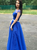 A-line Cap Sleeve Royal Blue Long Prom Dresses Beaded Evening Dresses SED372|Selinadress