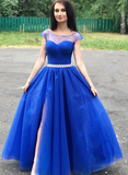 A-line Cap Sleeve Royal Blue Long Prom Dresses Beaded Evening Dresses SED372|Selinadress