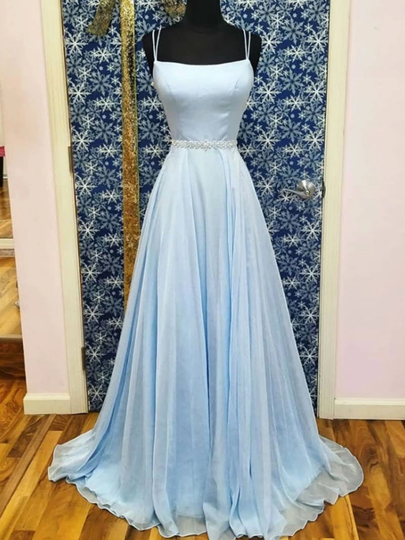 A-line Spaghetti Straps Light Sky Blue Long Prom Dresses Evening Gowns SED375|Selinadress