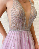 A-line V neck Lilac Long Prom Dresses Beaded Evening Gowns SED376|Selinadress