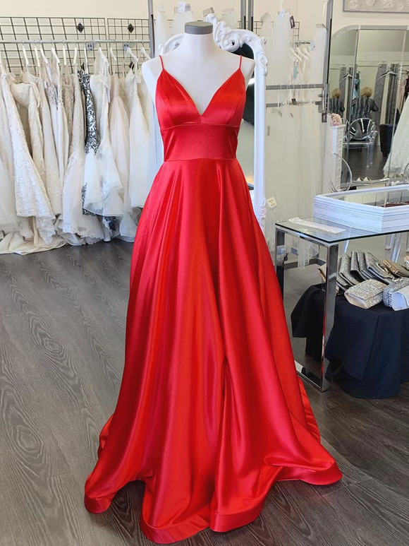 A-line Spaghetti Straps Red Long Prom Dresses Evening Dresses SED378|Selinadress
