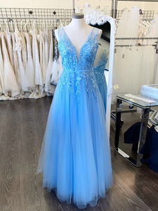 A-line V neck Blue Long Prom Dresses Applique Evening Dresses SED379|Selinadress