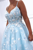 Spaghetti Straps Light Sky Blue Floral Long Prom Dresses Evening Dresses SED380|Selinadress