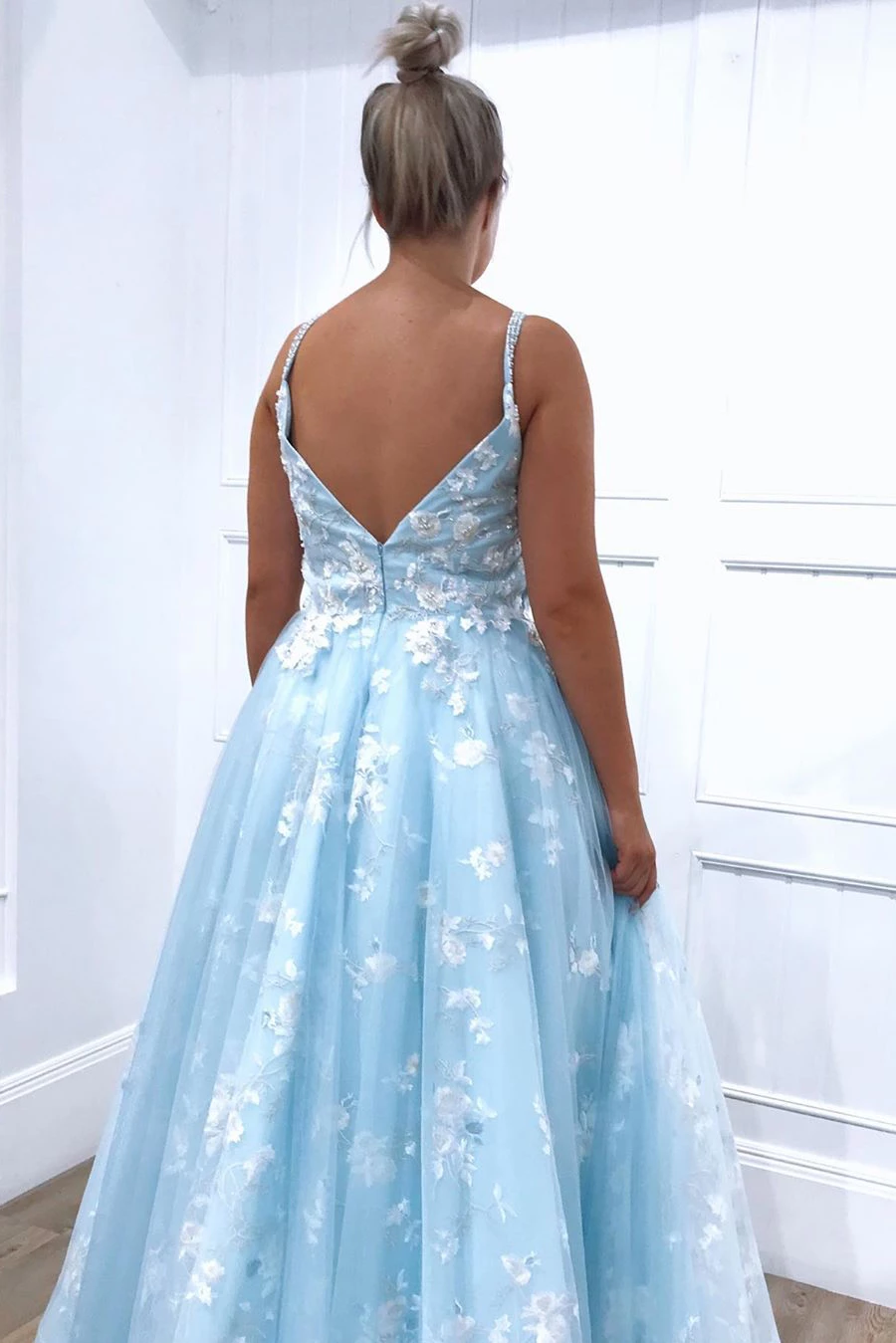 Spaghetti Straps Light Sky Blue Floral Long Prom Dresses Evening Dress SELINADRESS Spaghetti Straps Light Sky Blue Floral Long Prom Dresses Evening Dress SELINADRESS