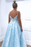 Spaghetti Straps Light Sky Blue Floral Long Prom Dresses Evening Dresses SED380|Selinadress