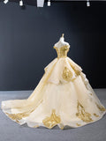 Off-the-shoulder Vintage Ball Gown Gold Applique Quinceanera Dresses SED387