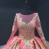 Pink Long Sleeve Prom Dress Gold Sequins Ball Gown Quinceanera Dresses SED386